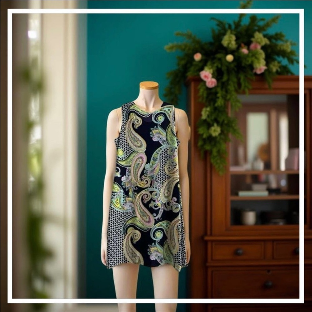 เผโง Petite Navy Paisley Geometric Print Sleeveless Mini Dress All Seasons